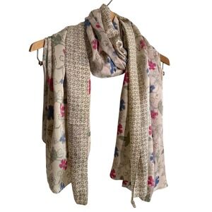 Vintage Cream Pink Blue Floral Paisley Scarf Lightweight Soft Wrap Boho Pashmina